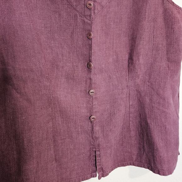 Flax Sleeveless Top Plum Washable Linen Sleeveless V-Neck Button Accent Size S - Picture 3 of 7